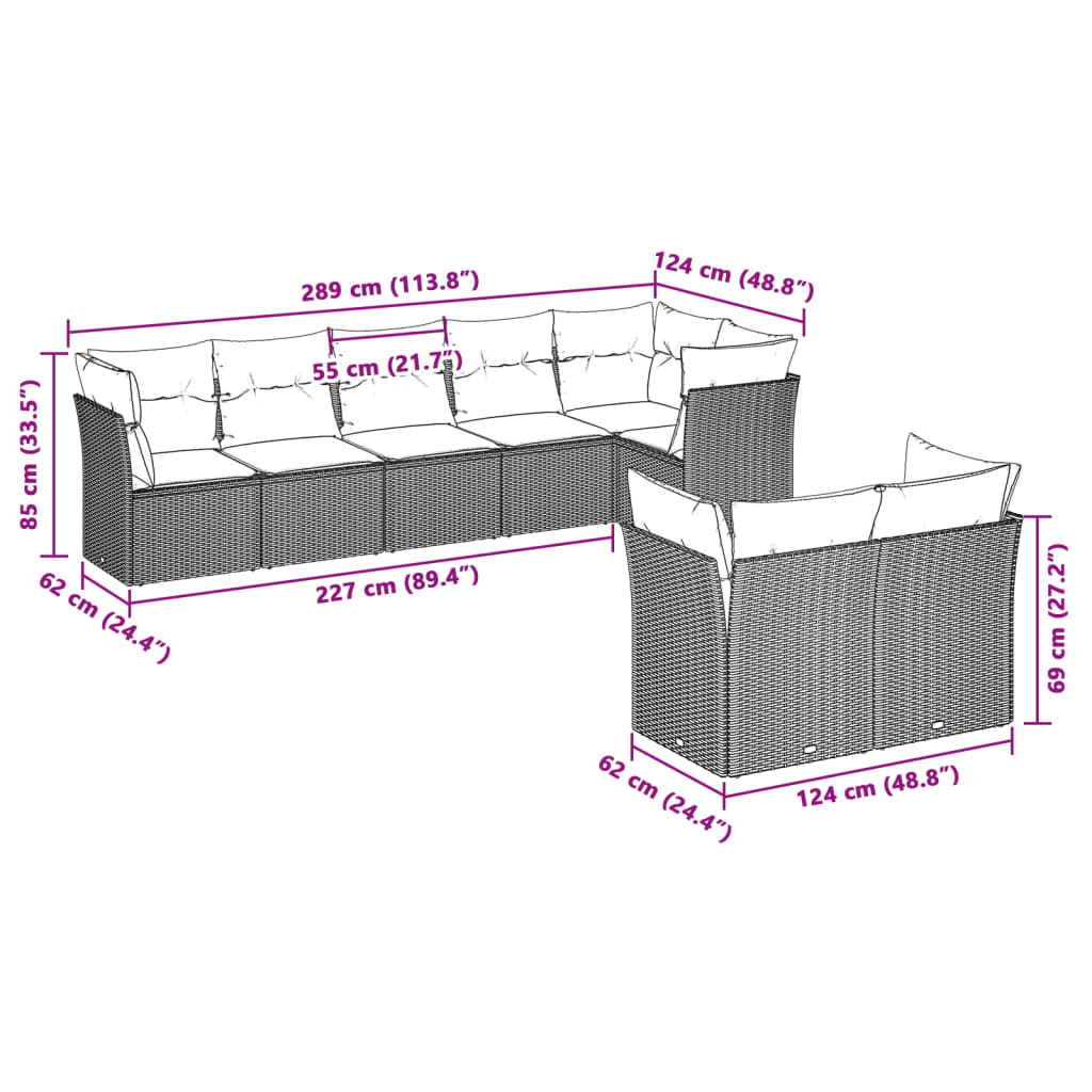 vidaXL Σαλόνι Κήπου Σετ 8 Τεμαχίων Γκρι Συνθετικό Ρατάν με Μαξιλάρια