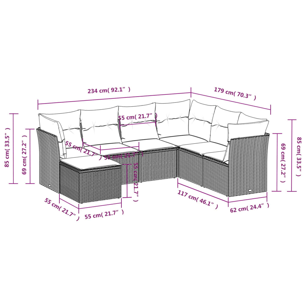 vidaXL Καναπές Σετ 7 Τεμαχίων Μαύρο Συνθετικό Ρατάν με Μαξιλάρια
