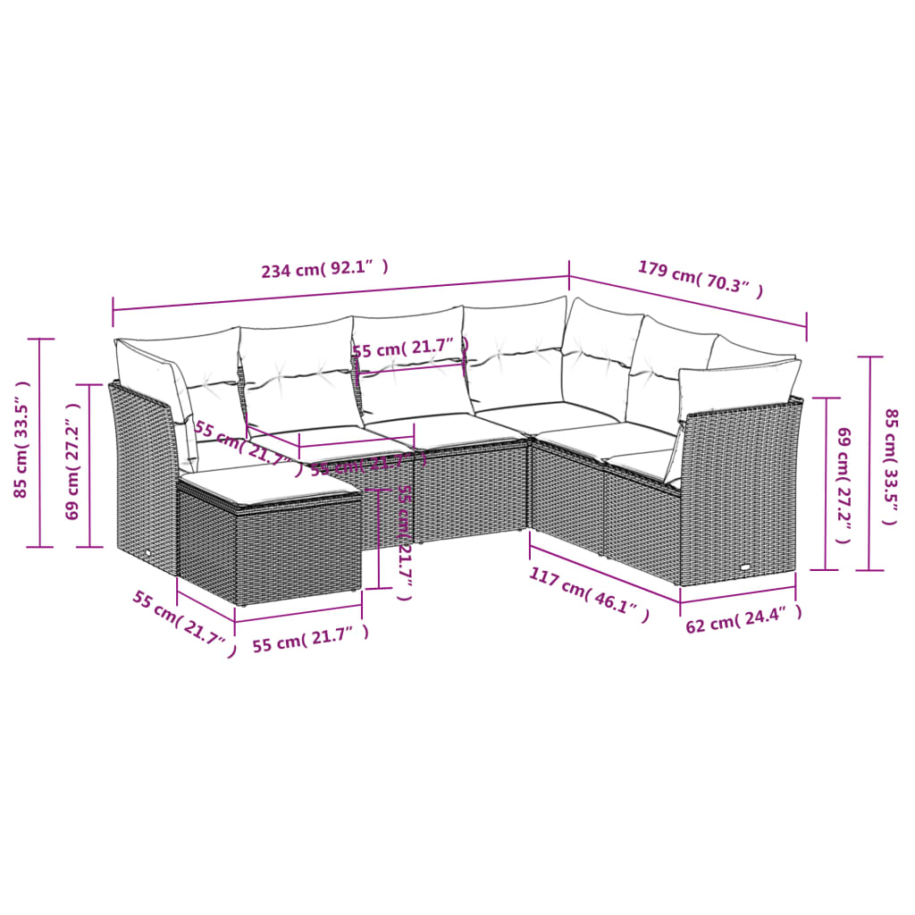 vidaXL Καναπές Σετ 7 Τεμαχίων Μαύρο Συνθετικό Ρατάν με Μαξιλάρια
