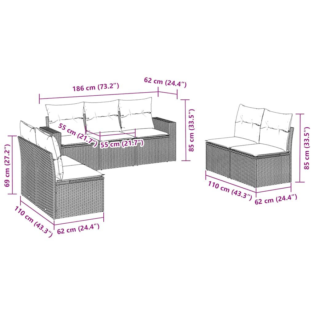 vidaXL Σαλόνι Κήπου Σετ 7 Τεμαχίων Καφέ Συνθετικό Ρατάν με Μαξιλάρια