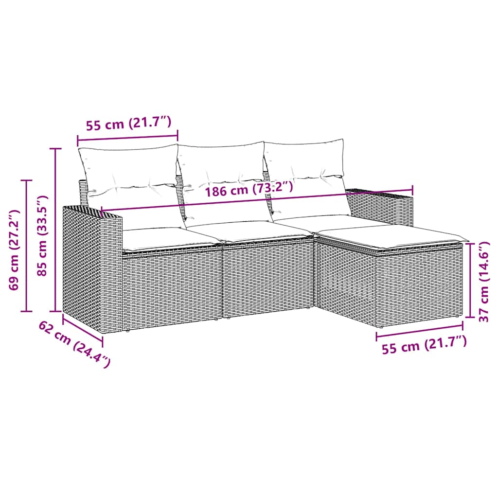 vidaXL Σαλόνι Κήπου Σετ 4 Τεμαχίων Καφέ Συνθετικό Ρατάν με Μαξιλάρια