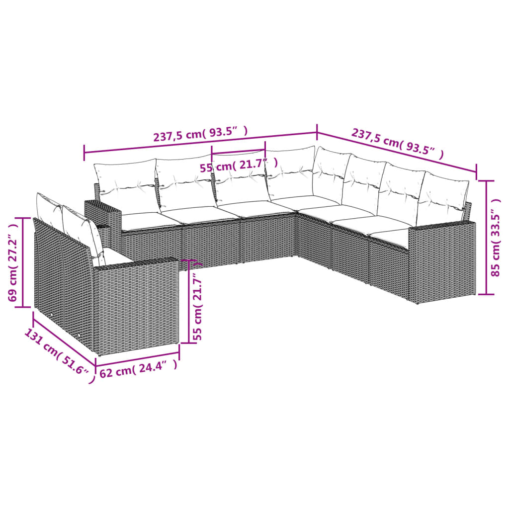 vidaXL Σαλόνι Κήπου Σετ 9 Τεμαχίων Μαύρο από Συνθ. Ρατάν με Μαξιλάρια