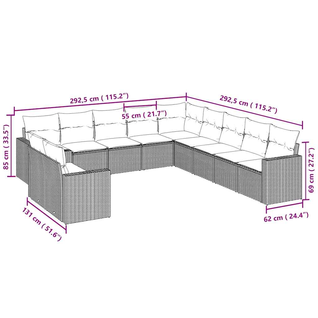 vidaXL Σαλόνι Κήπου 11 Τεμαχίων Αν. Γκρι Συνθετικό Ρατάν με Μαξιλάρια
