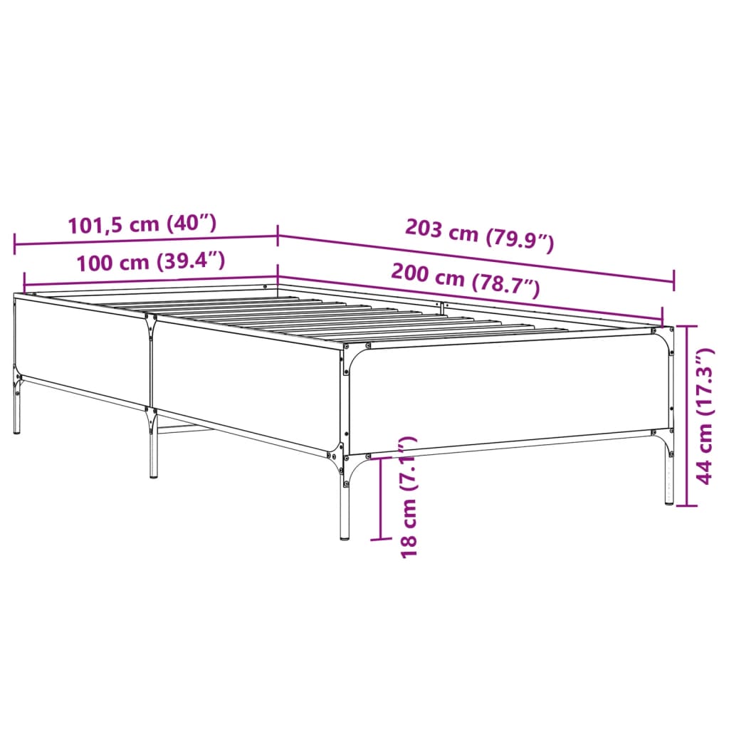 vidaXL Πλαίσιο Κρεβατιού Μαύρο 100x200 εκ. Επεξ. Ξύλο & Μέταλλο