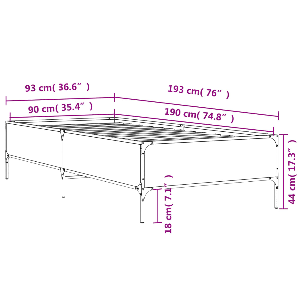 vidaXL Πλαίσιο Κρεβατιού Γκρι Sonoma 90 x 190 εκ. Επεξ. Ξύλο & Μέταλλο