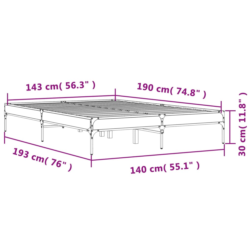 vidaXL Πλαίσιο Κρεβατιού Γκρι Sonoma 140x190 εκ. Επεξ. Ξύλο & Μέταλλο