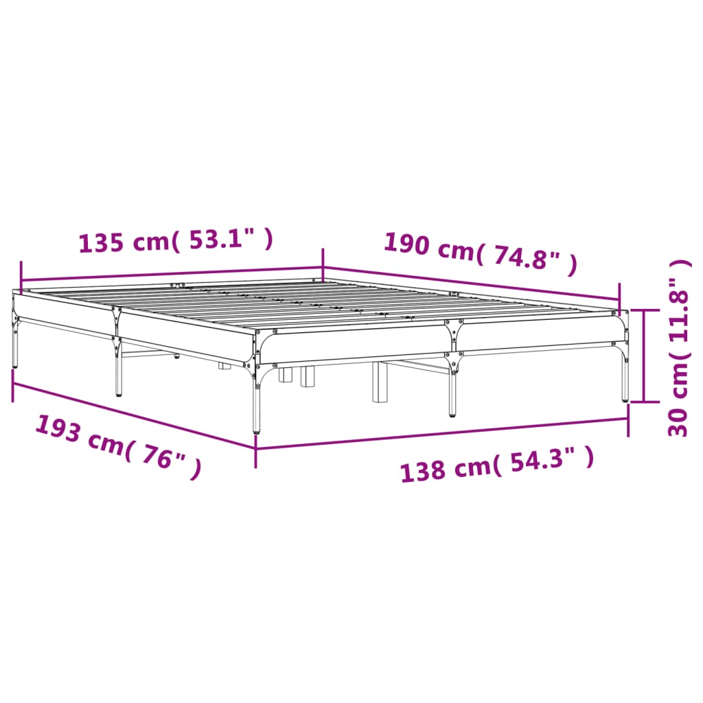 vidaXL Πλαίσιο Κρεβατιού Καφέ Δρυς 135x190 εκ. Επεξ. Ξύλο & Μέταλλο