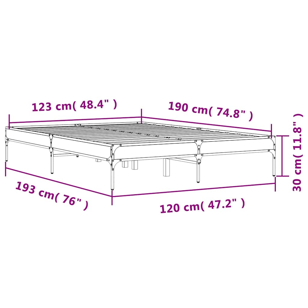 vidaXL Πλαίσιο Κρεβατιού Γκρι Sonoma 120 x 190εκ. Επεξ. Ξύλο & Μέταλλο