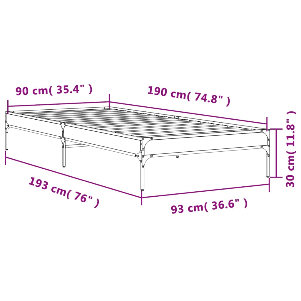vidaXL Πλαίσιο Κρεβατιού Γκρι Sonoma 90 x 190 εκ. Επεξ. Ξύλο & Μέταλλο