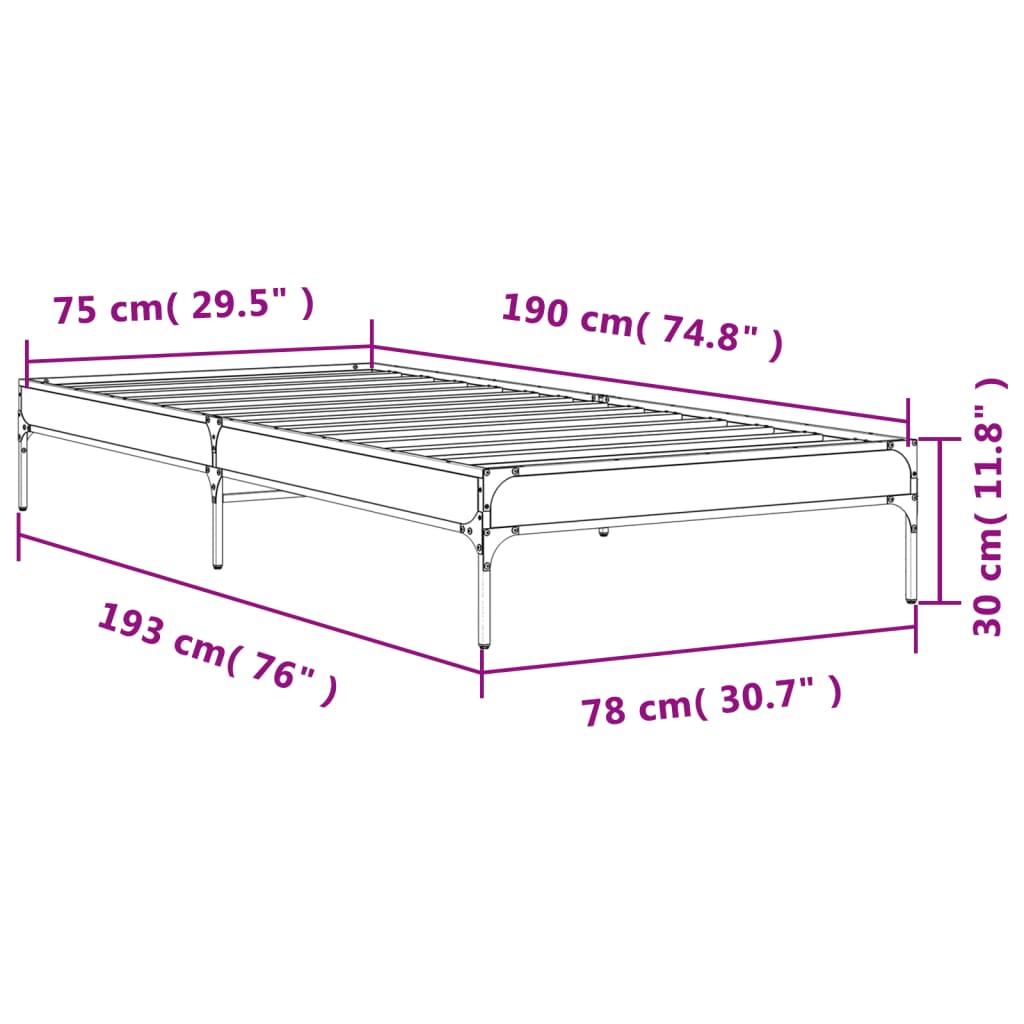 vidaXL Πλαίσιο Κρεβατιού Μαύρο 75x190 εκ. Επεξεργασμένο Ξύλο & Μέταλλο