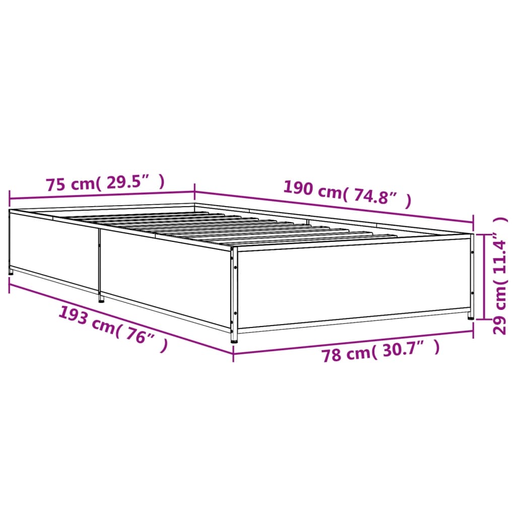 vidaXL Πλαίσιο Κρεβατιού Γκρι Sonoma 75x190 εκ. Επεξ. Ξύλο & Μέταλλο