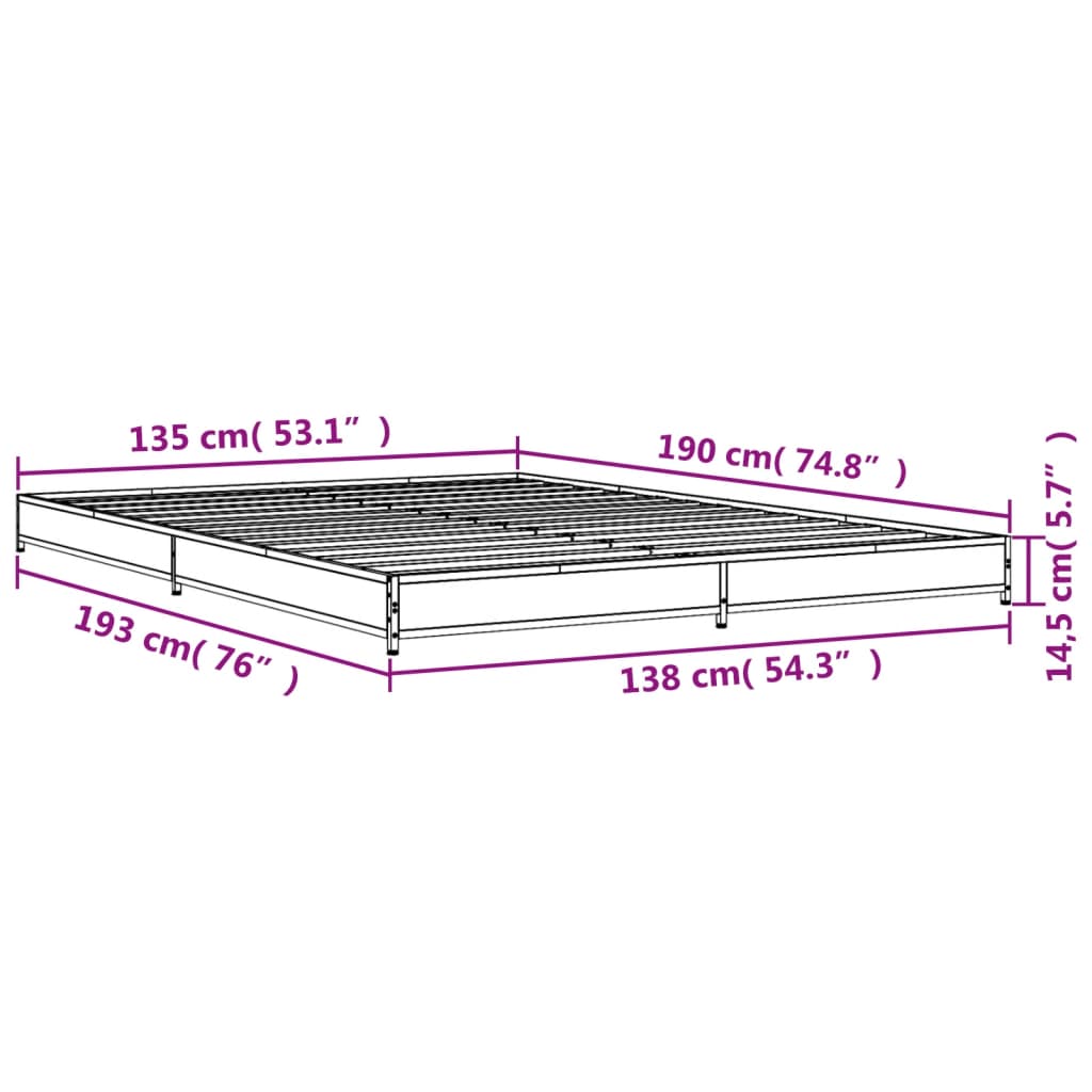 vidaXL Πλαίσιο Κρεβατιού Μαύρο 135x190 εκ. Επεξ. Ξύλο & Μέταλλο