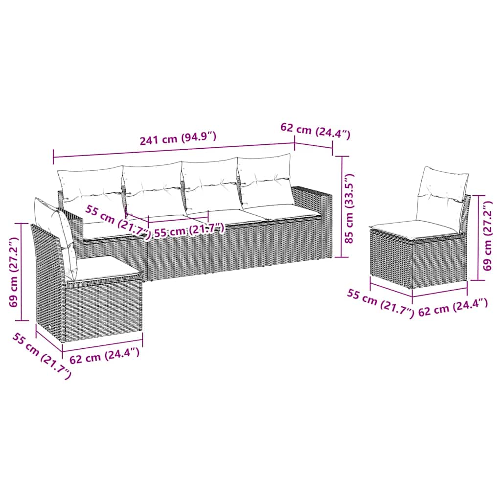 vidaXL Σαλόνι Κήπου Σετ 6 Τεμαχίων Καφέ Συνθετικό Ρατάν με Μαξιλάρια