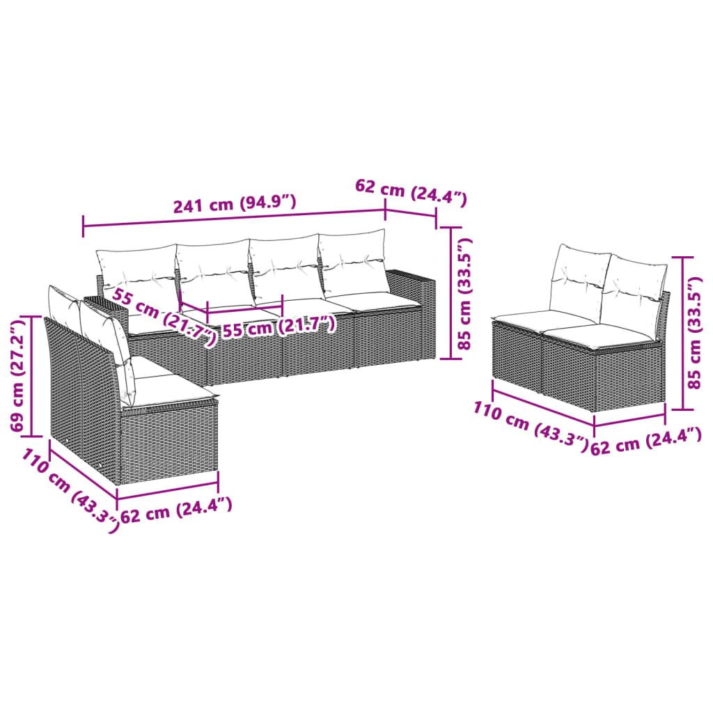 vidaXL Σαλόνι Κήπου Σετ 8 Τεμαχίων Γκρι Συνθετικό Ρατάν με Μαξιλάρια