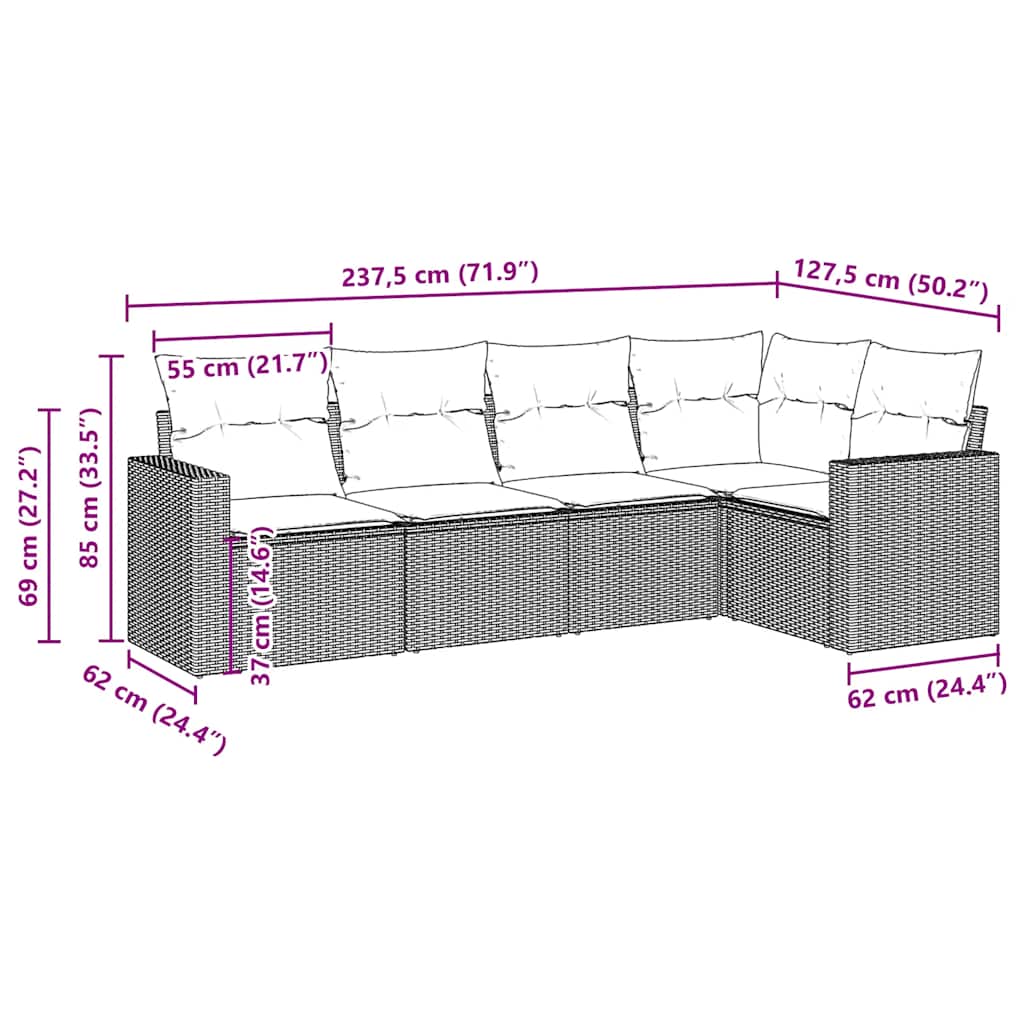vidaXL Σαλόνι Κήπου Σετ 5 Τεμαχίων Καφέ Συνθετικό Ρατάν με Μαξιλάρια