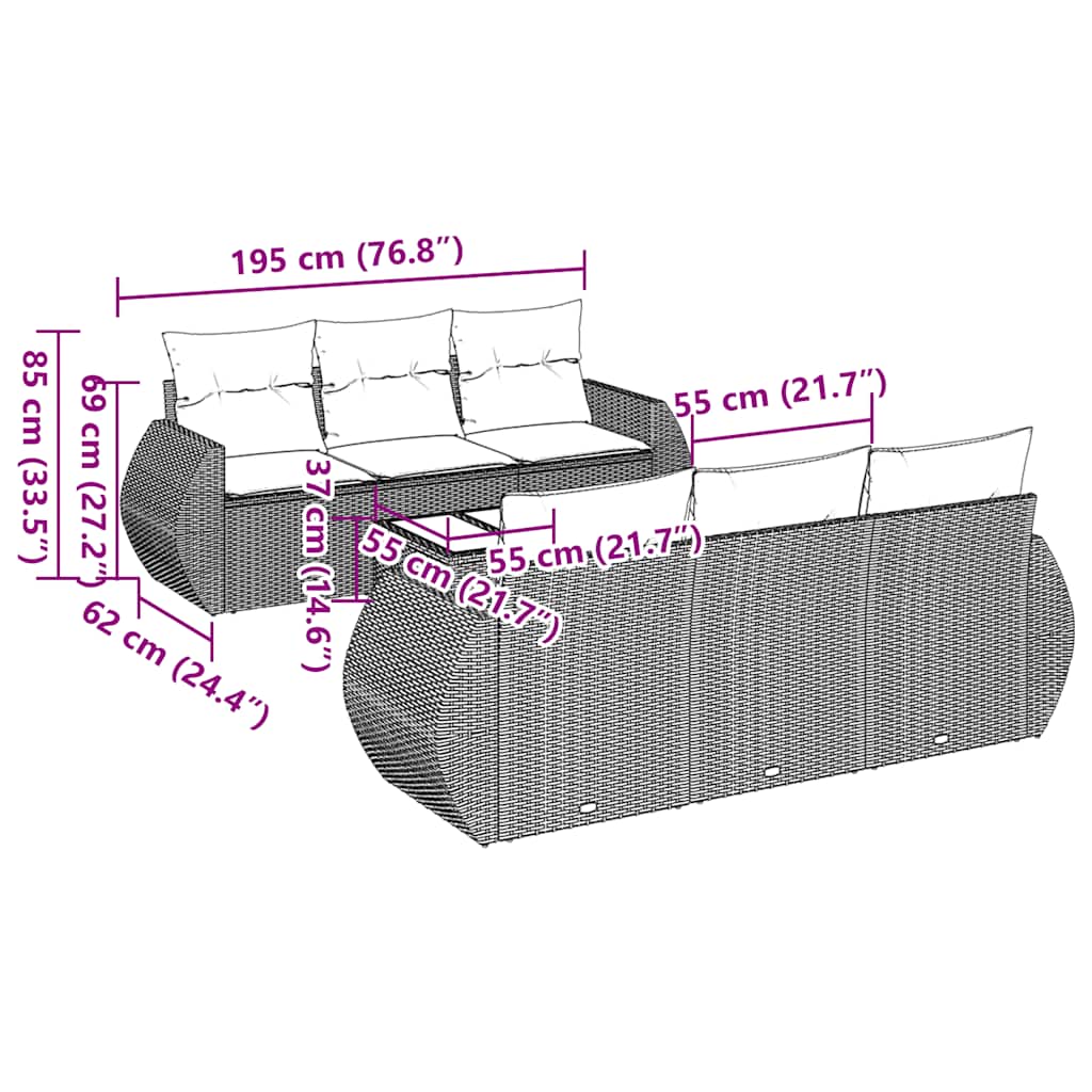 vidaXL Καναπές Σετ 7 Τεμαχίων Μαύρο Συνθετικό Ρατάν με Μαξιλάρια