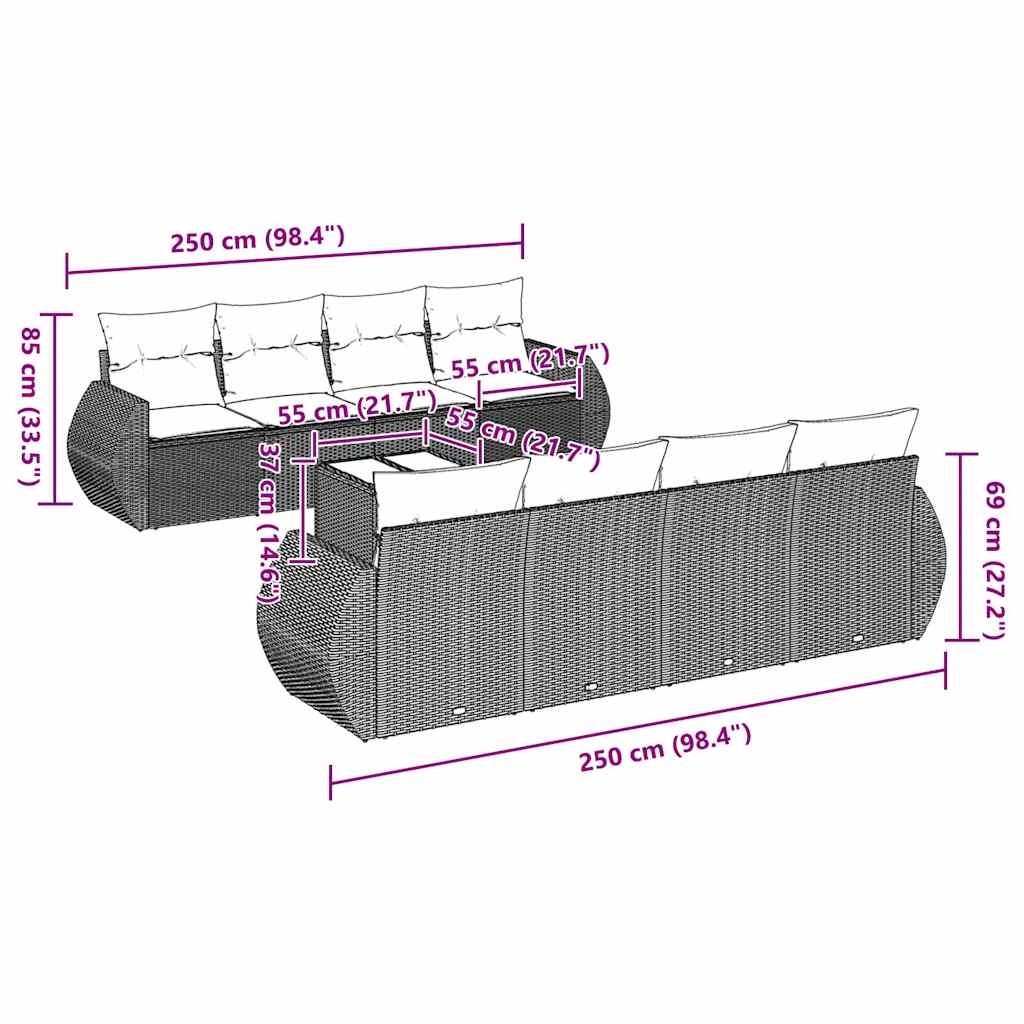 vidaXL Σαλόνι Κήπου Σετ 9 Τεμαχίων Γκρι Συνθετικό Ρατάν με Μαξιλάρια