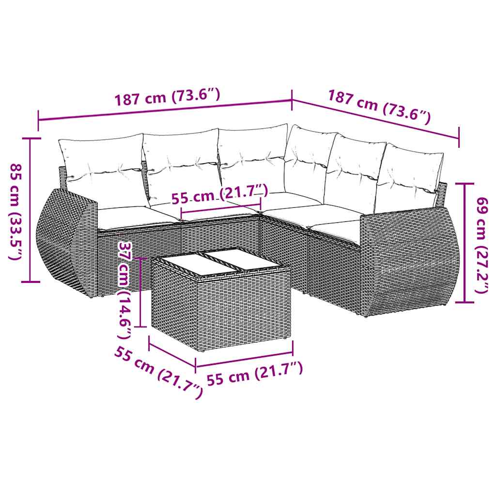 vidaXL Καναπές Κήπου 6 Τεμαχίων Μαύρο από Συνθετικό Ρατάν με Μαξιλάρια