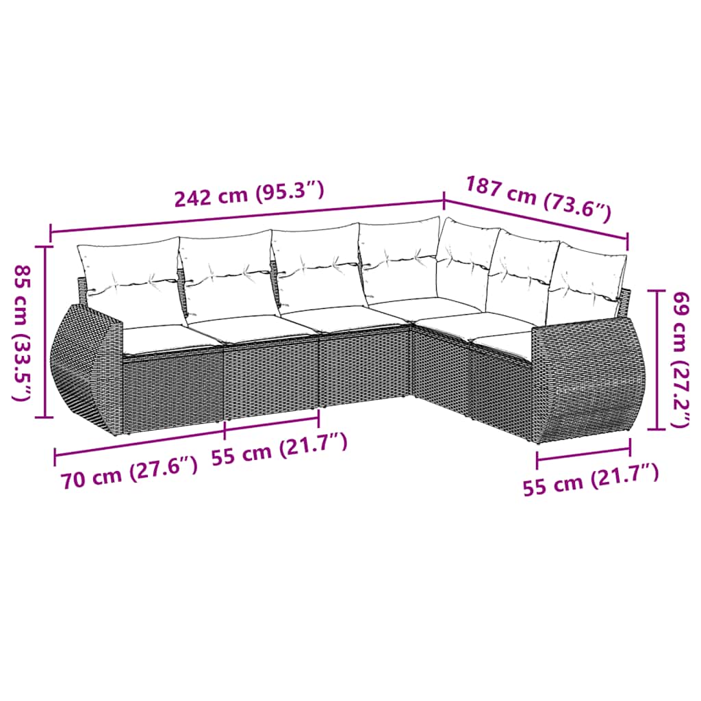 vidaXL Καναπές Κήπου 6 Τεμαχίων Μαύρο από Συνθετικό Ρατάν με Μαξιλάρια