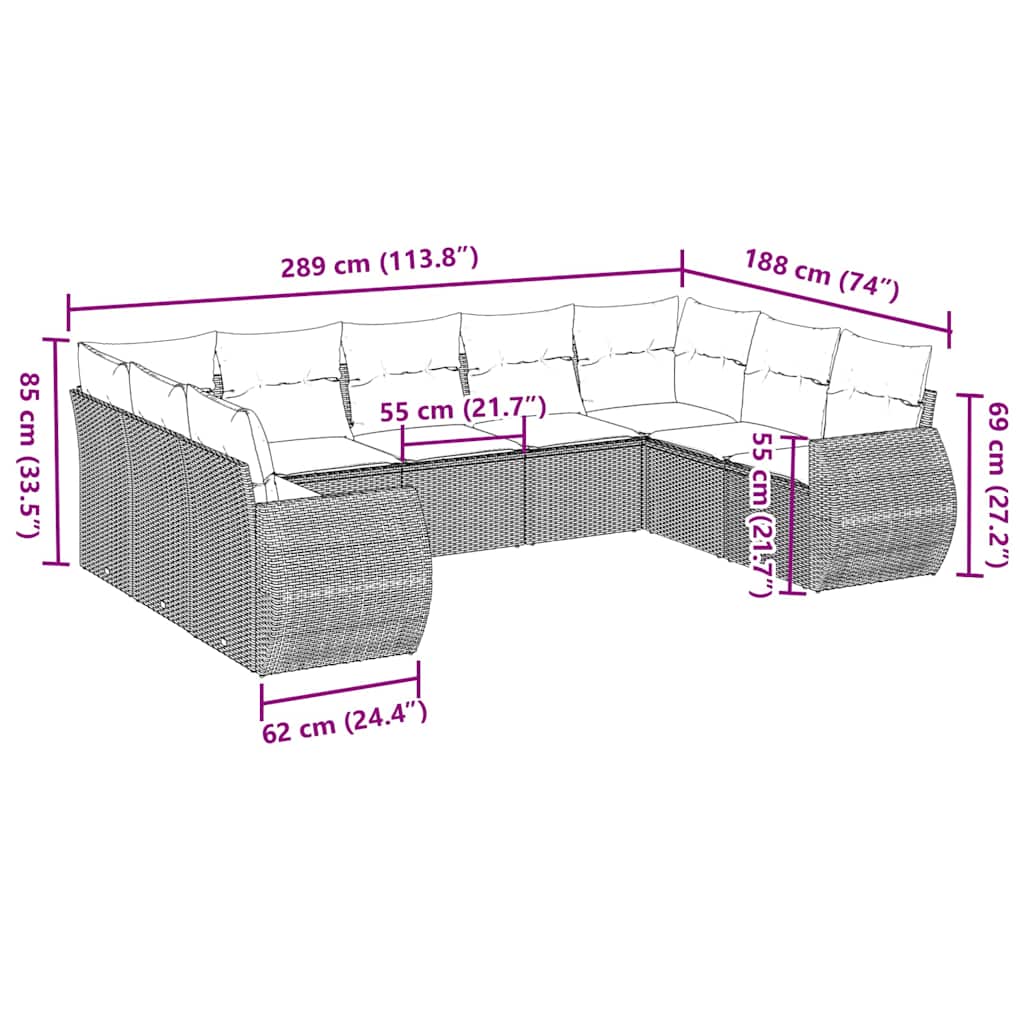 vidaXL Σαλόνι Κήπου Σετ 9 Τεμαχίων Γκρι Συνθετικό Ρατάν με Μαξιλάρια