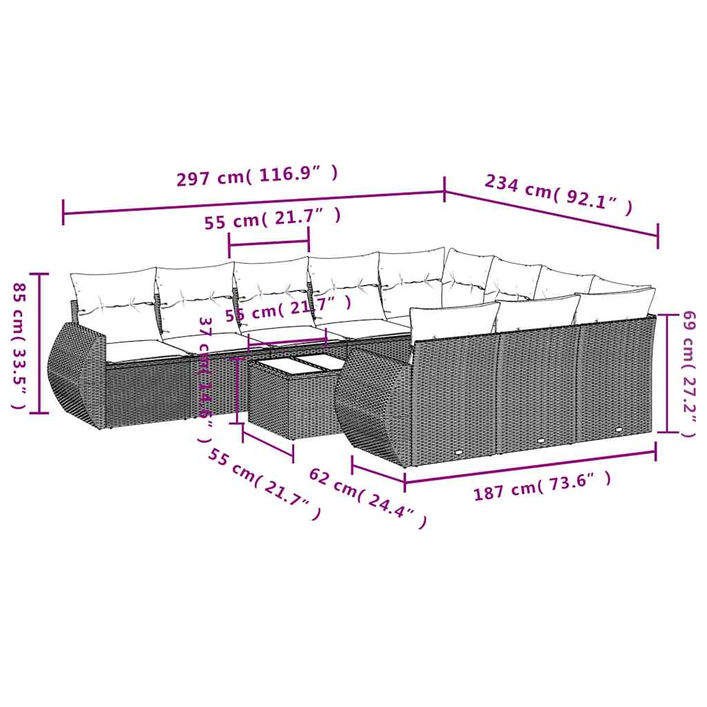 vidaXL Σαλόνι Κήπου Σετ 11 Τεμαχίων Μαύρο Συνθετικό Ρατάν με Μαξιλάρια