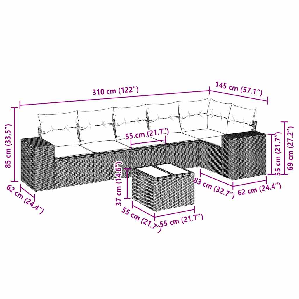 vidaXL Σαλόνι Κήπου Σετ 7 Τεμαχίων Γκρι Συνθετικό Ρατάν με Μαξιλάρια