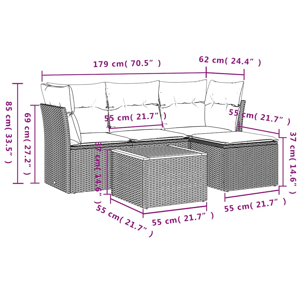 vidaXL Σετ Καναπέ Κήπου 5 Τεμαχίων Μαύρο Συνθετικό Ρατάν με Μαξιλάρια
