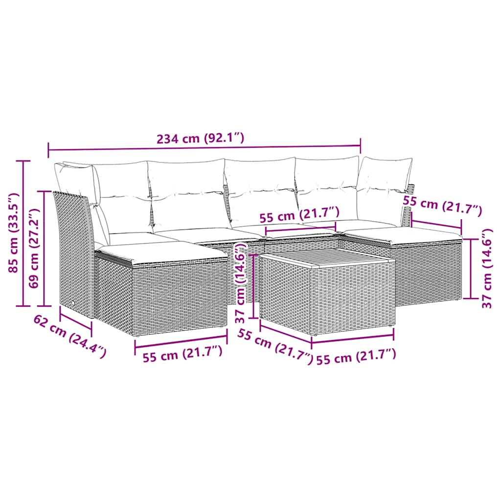 vidaXL Καναπές Σετ 7 Τεμαχίων Μαύρο Συνθετικό Ρατάν με Μαξιλάρια