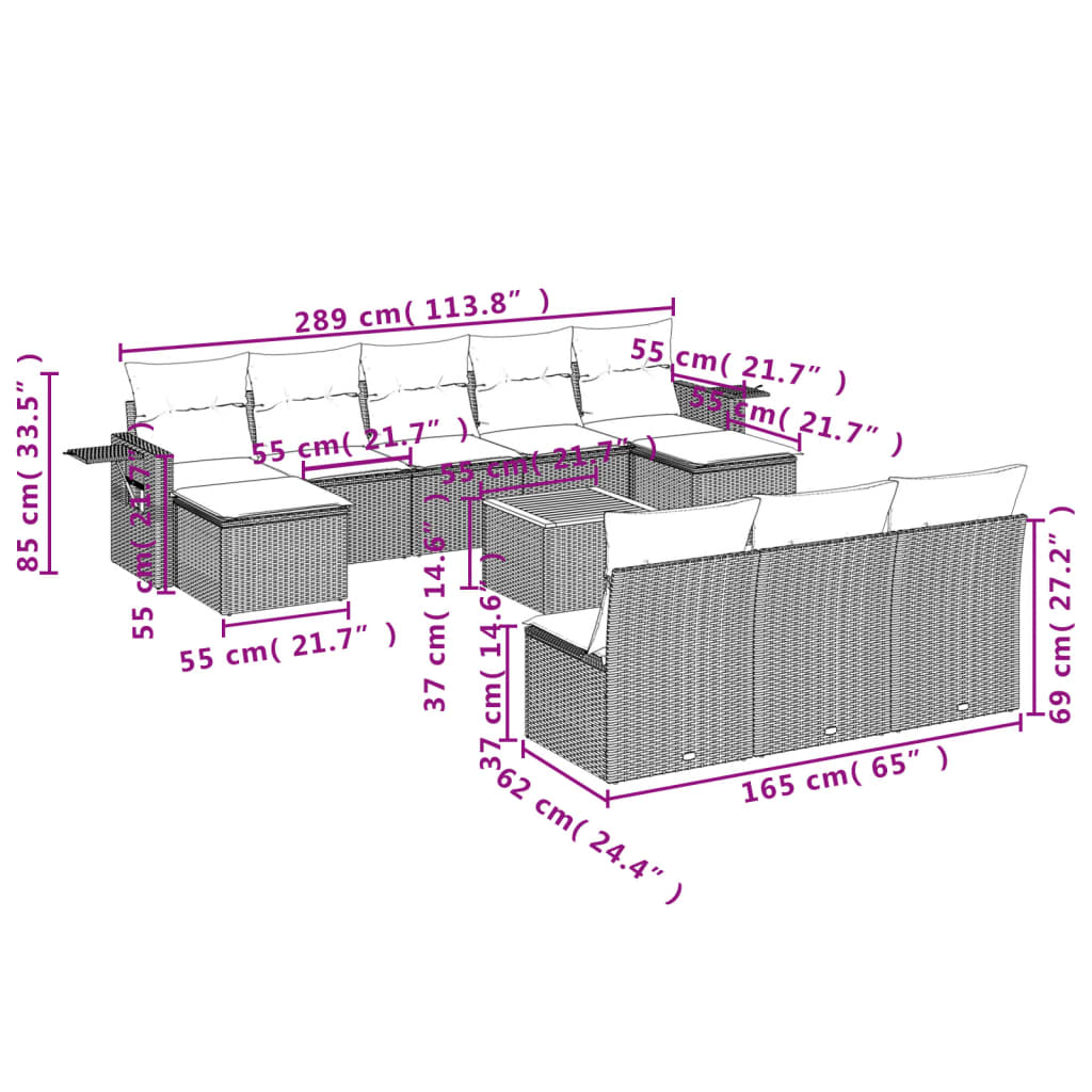 vidaXL Σετ Καναπέ Κήπου 11 τεμ. Μπεζ Συνθετικό Ρατάν με Μαξιλάρια