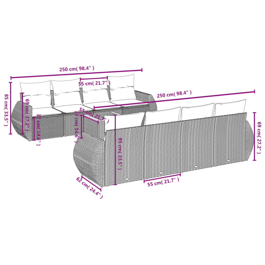vidaXL Σαλόνι Κήπου Σετ 9 Τεμαχίων Γκρι Συνθετικό Ρατάν με Μαξιλάρια