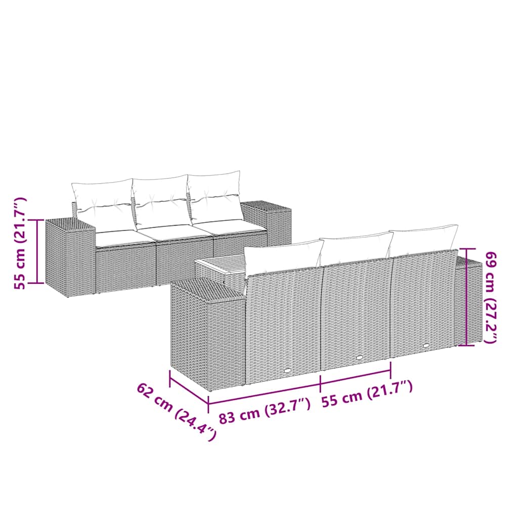 vidaXL Καναπές Σετ 7 Τεμαχίων Μαύρο Συνθετικό Ρατάν με Μαξιλάρια