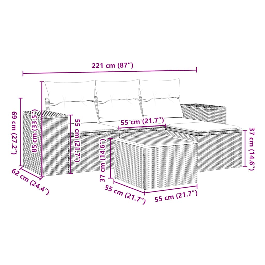 vidaXL Σετ Καναπέ Κήπου 5 Τεμαχίων Μαύρο Συνθετικό Ρατάν με Μαξιλάρια