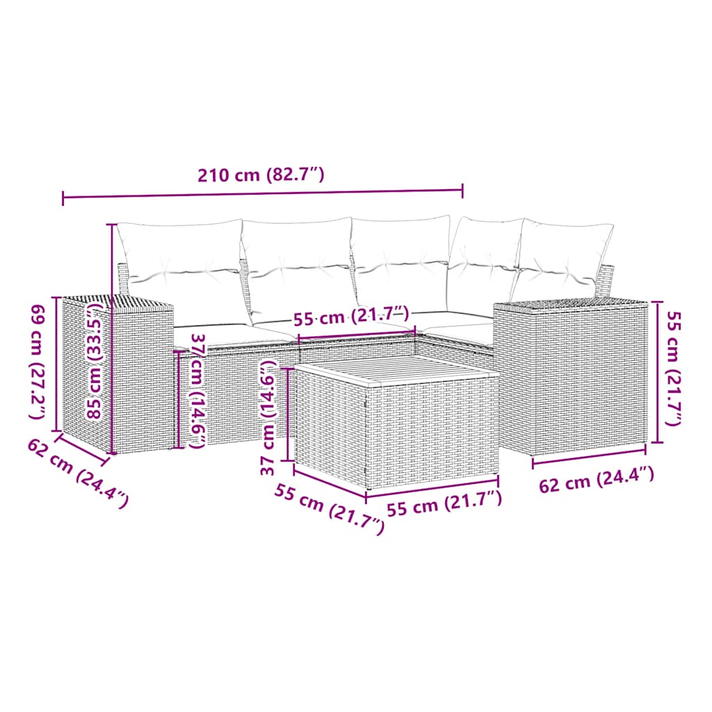vidaXL Σετ Καναπέ Κήπου 5 Τεμαχίων Μαύρο Συνθετικό Ρατάν με Μαξιλάρια