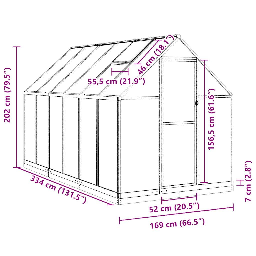 vidaXL Θερμοκήπιο με Πλαίσιο Βάσης Ασημί 334x169x202 εκ. Αλουμινίου