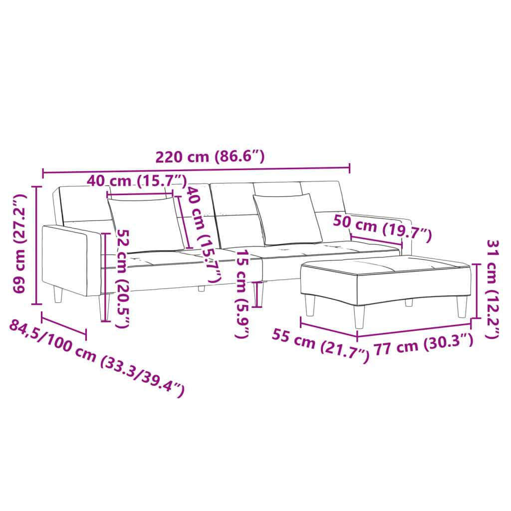 vidaXL Καναπές Κρεβάτι Διθέσιος με Υποπόδιο Σκούρο Γκρι Βελούδινος