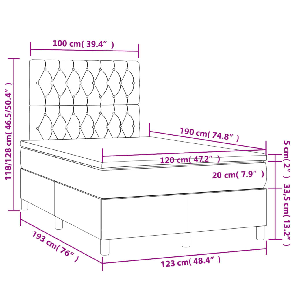 vidaXL Κρεβάτι Boxspring με Στρώμα Μπλε 120x190 εκ. Υφασμάτινο