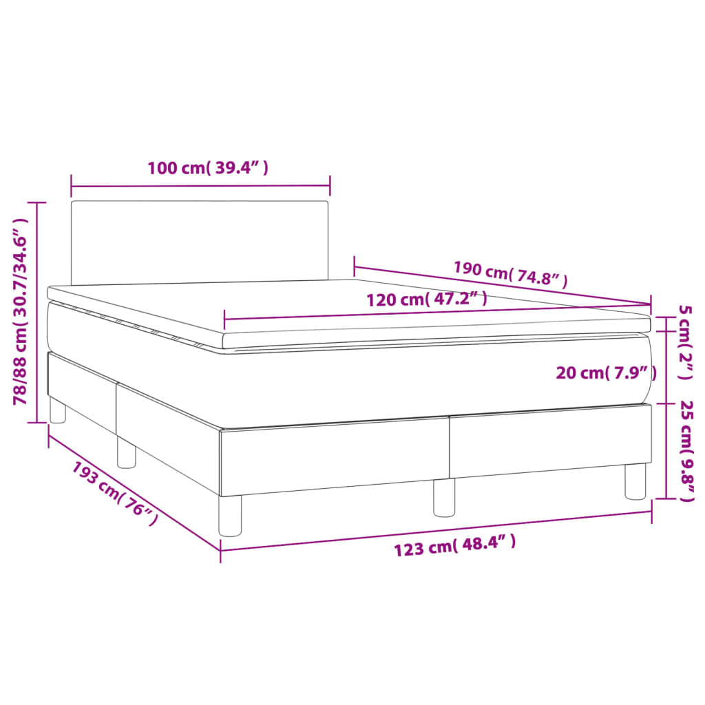 vidaXL Κρεβάτι Boxspring με Στρώμα & LED Αν.Γκρι 120x190εκ. Υφασμάτινο