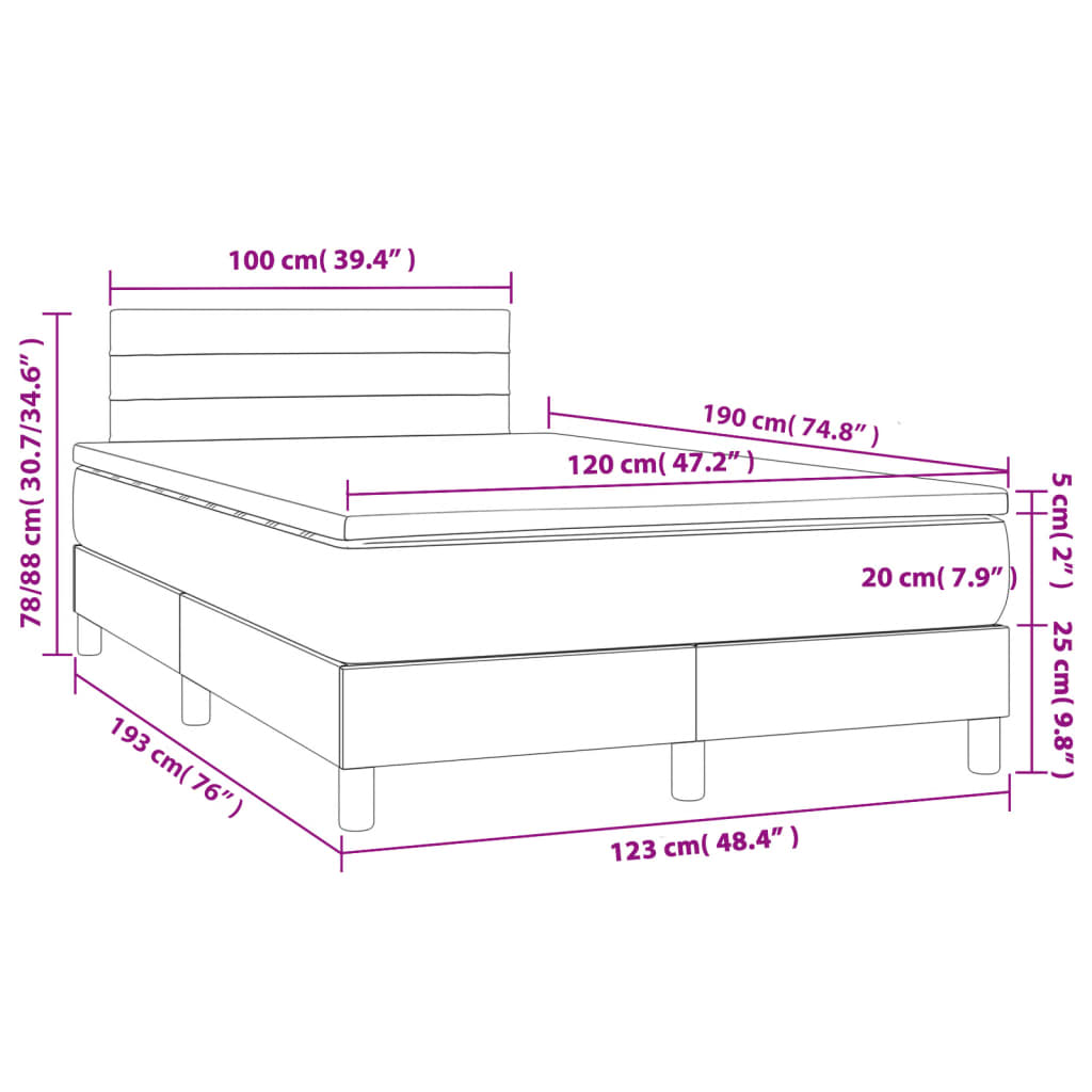 vidaXL Κρεβάτι Boxspring με Στρώμα & LED Αν.Γκρι 120x190εκ. Υφασμάτινο