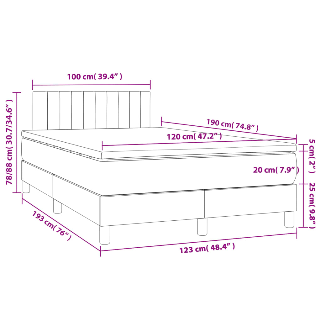 vidaXL Κρεβάτι Boxspring με Στρώμα & LED Μπλε 120x190εκ. Υφασμάτινο