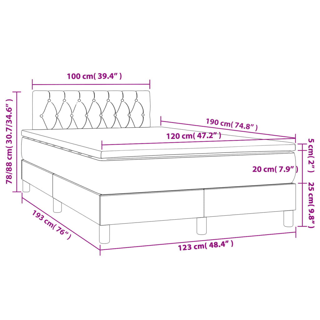 vidaXL Κρεβάτι Boxspring με Στρώμα & LED Αν.Γκρι 120x190εκ. Υφασμάτινο
