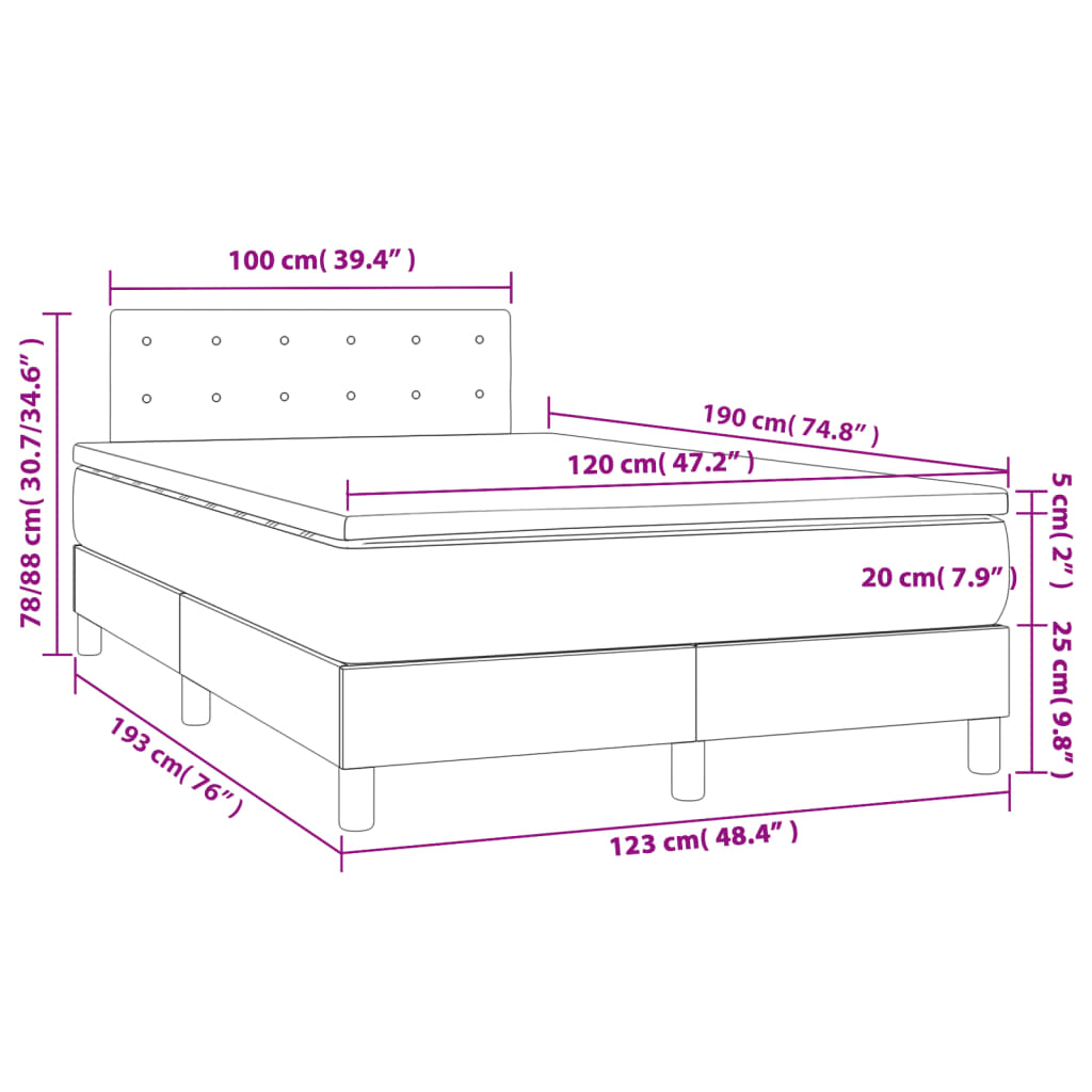 vidaXL Κρεβάτι Boxspring με Στρώμα & LED Αν.Γκρι 120x190εκ. Υφασμάτινο