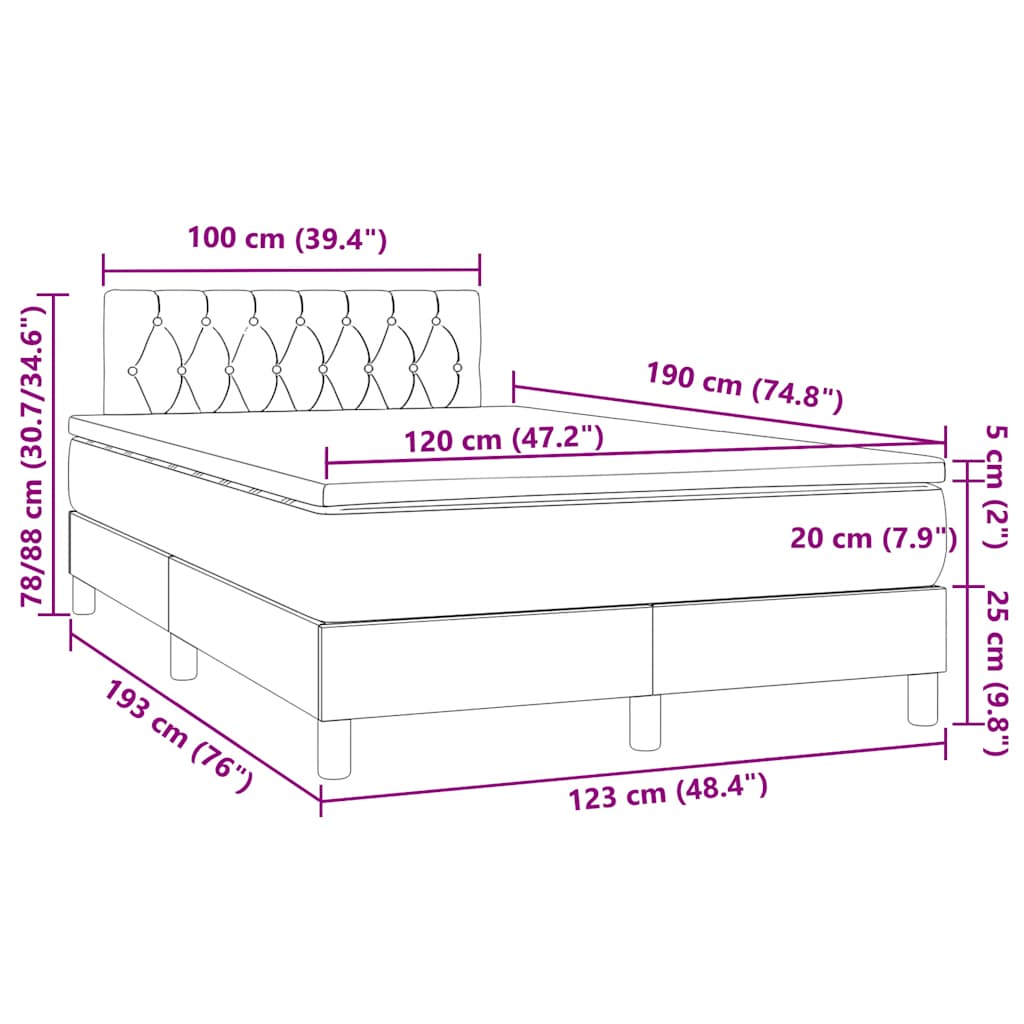 vidaXL Κρεβάτι Boxspring με Στρώμα & LED Σκ.Καφέ 120x190εκ. Υφασμάτινο