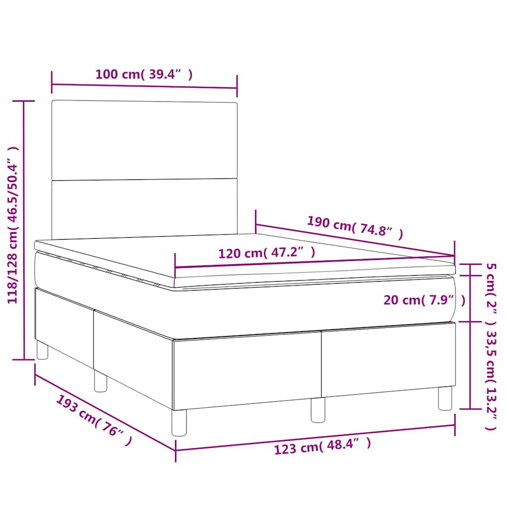 vidaXL Κρεβάτι Boxspring με Στρώμα & LED Μπλε 120x190εκ. Υφασμάτινο
