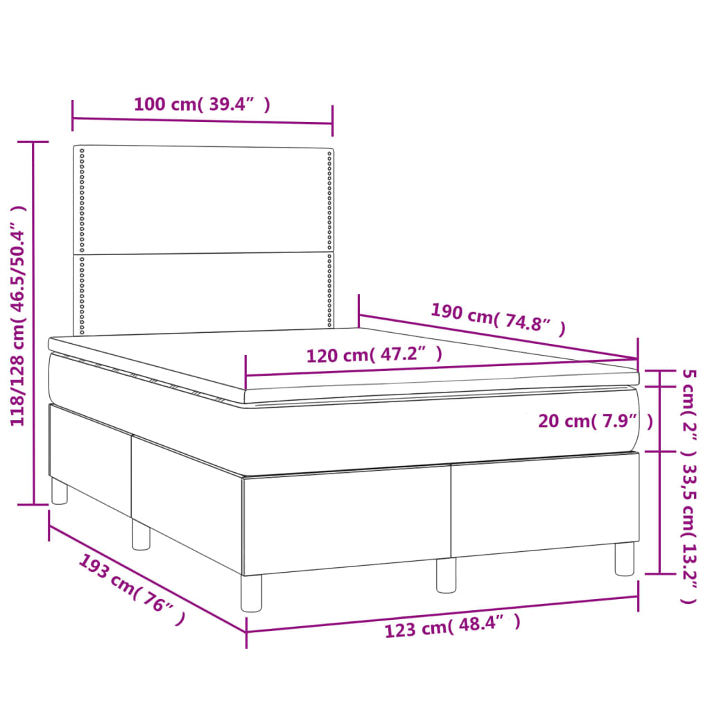 vidaXL Κρεβάτι Boxspring με Στρώμα & LED Taupe 120x190 εκ. Υφασμάτινο