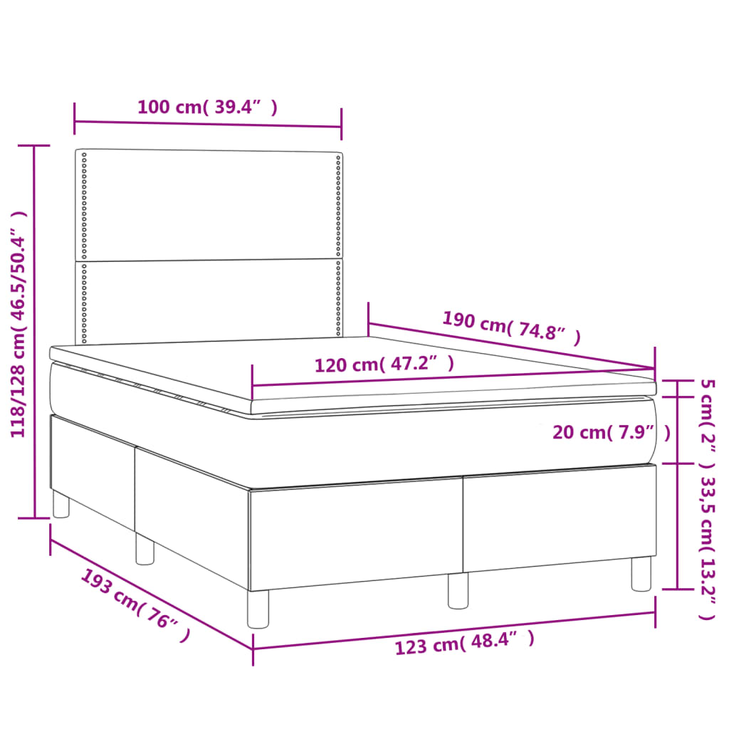 vidaXL Κρεβάτι Boxspring με Στρώμα & LED Μπλε 120x190εκ. Υφασμάτινο