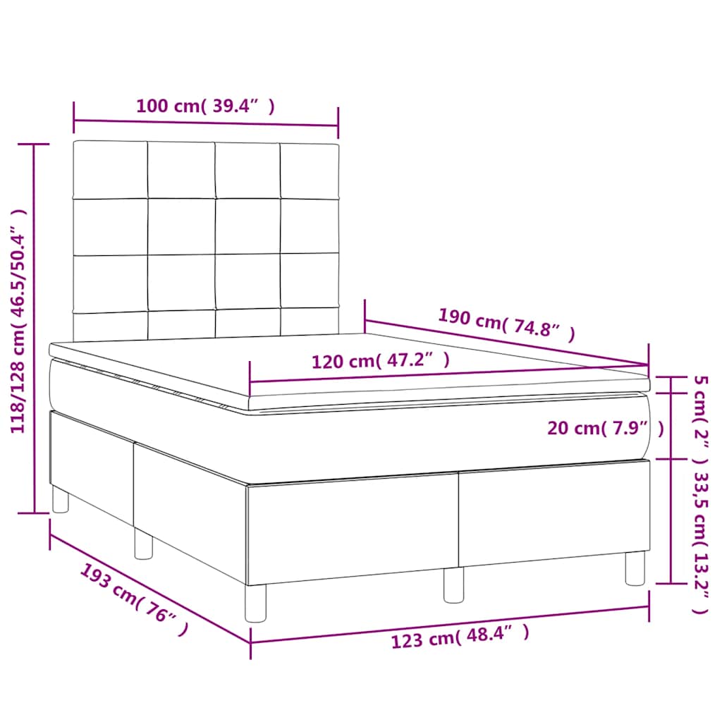 vidaXL Κρεβάτι Boxspring με Στρώμα & LED Μπλε 120x190εκ. Υφασμάτινο