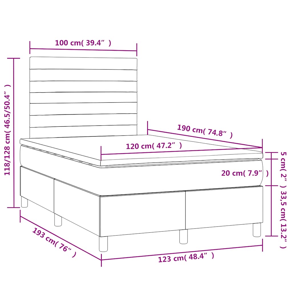 vidaXL Κρεβάτι Boxspring με Στρώμα & LED Taupe 120x190 εκ. Υφασμάτινο