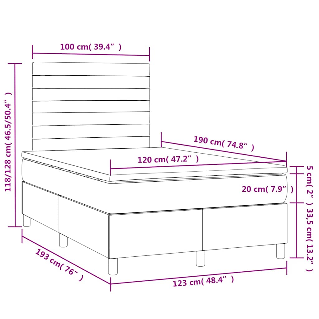 vidaXL Κρεβάτι Boxspring με Στρώμα & LED Μπλε 120x190εκ. Υφασμάτινο