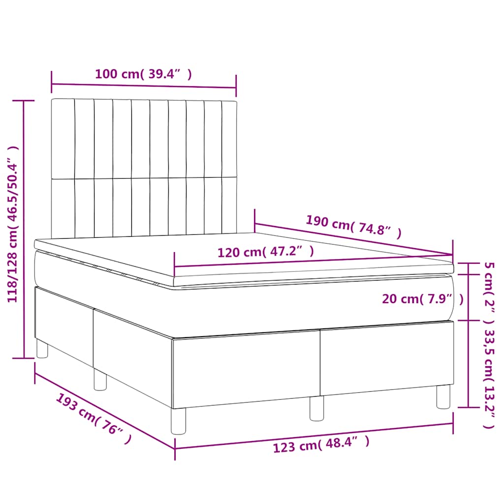 vidaXL Κρεβάτι Boxspring με Στρώμα & LED Μπλε 120x190εκ. Υφασμάτινο