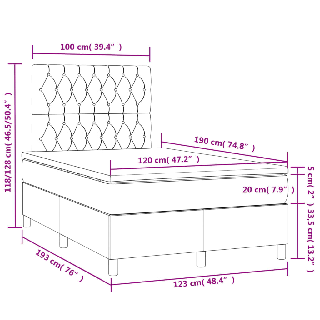vidaXL Κρεβάτι Boxspring με Στρώμα & LED Μπλε 120x190εκ. Υφασμάτινο